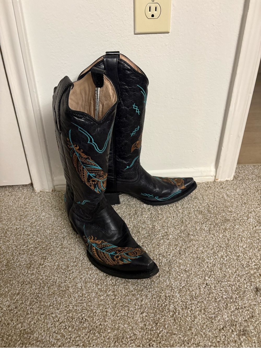 Black Leather Western Boots with Turquoise & Brown Embroidery